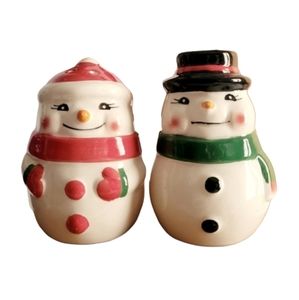 Balsam Farm Snowmen Red, Green, Black & White Holiday Salt & Pepper Shakers